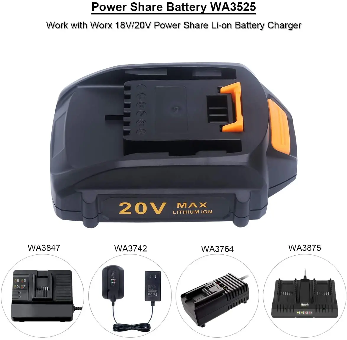3.0Ah Replacement Worx 20V Lithium Battery WA3525, for Worx 20V (2x20V) Cordless Tools Power Battery WA3575 WA3525 WA3520