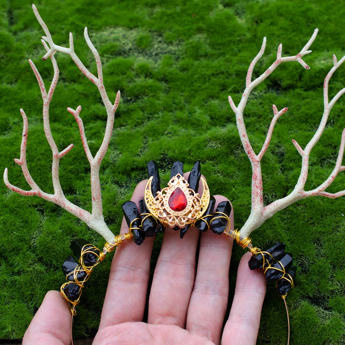 Fairycore Elf Deer Branch with Crystal Crescent Moon Quartz Hair Tiara Party Hair Crown Bridal Hair Jewelry for gift