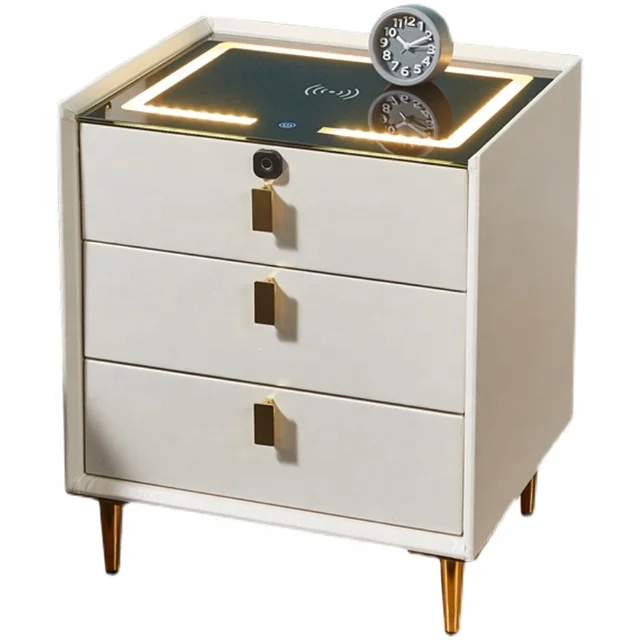 modern smart night stand with LED USB wireless charging fingerprint unlock  plug base bedroom bedside table rock play music