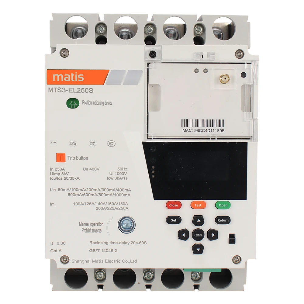 Earth leakage protection smart electricity prepaid meter 250A mccb trip unit 4p smart mccb 4G wifi circuit breaker