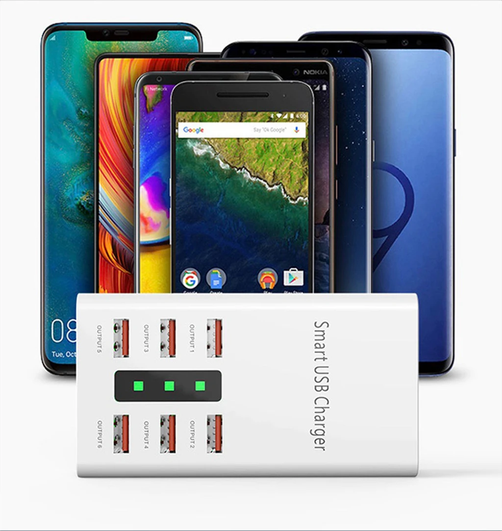 Charging Station for Multiple Devices 30W Wall Charger Block 6 USB Ports 60W USB Charging Hub Smart IC Charger Tower with Type-C