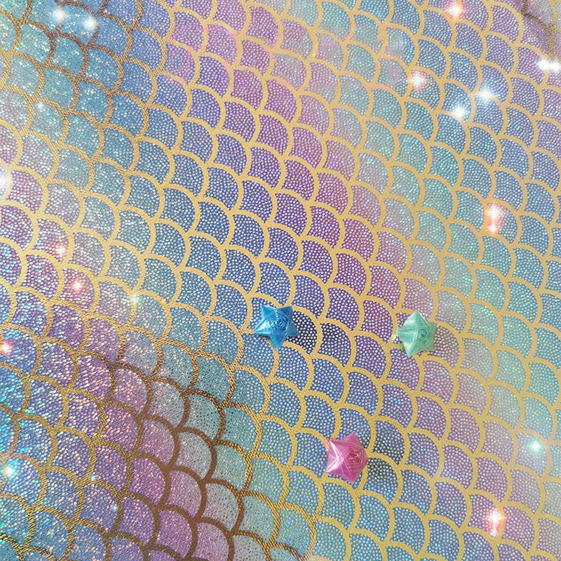 Wholesale Morden Iridescent Sparkly 100% Polyester Rainbow Crystal Laser Foil Print Mermaid Scale Holographic Foil Lame Fabric