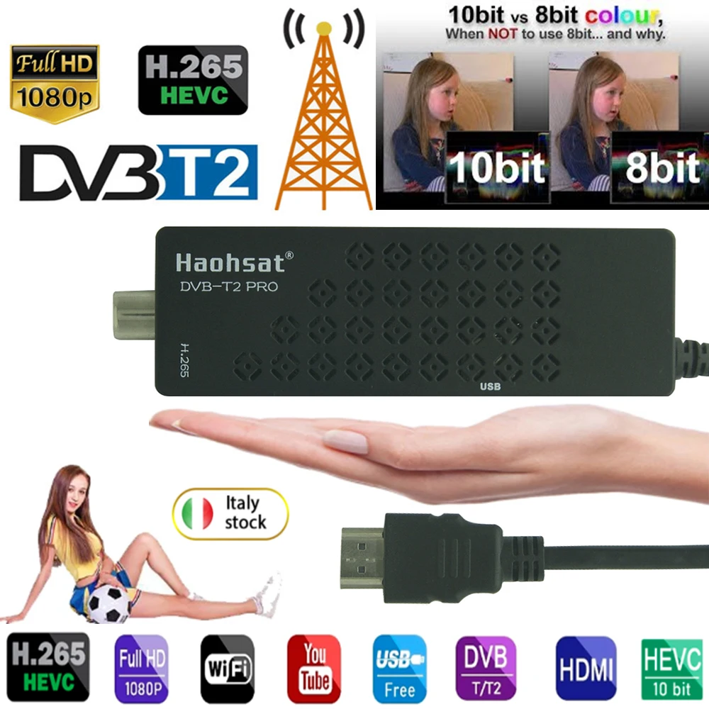 Haohsat T2Pro Fire Digital Italy Spain Poland Europe Market TV Stick T2 USB WIFI 1080p DVB T2 Hevc 10Bit H265 With Remote