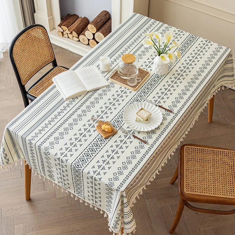 STG Bohemian linen non-washable tablecloth ethnic rectangular tassel tablecloth waterproof oil-proof table cover