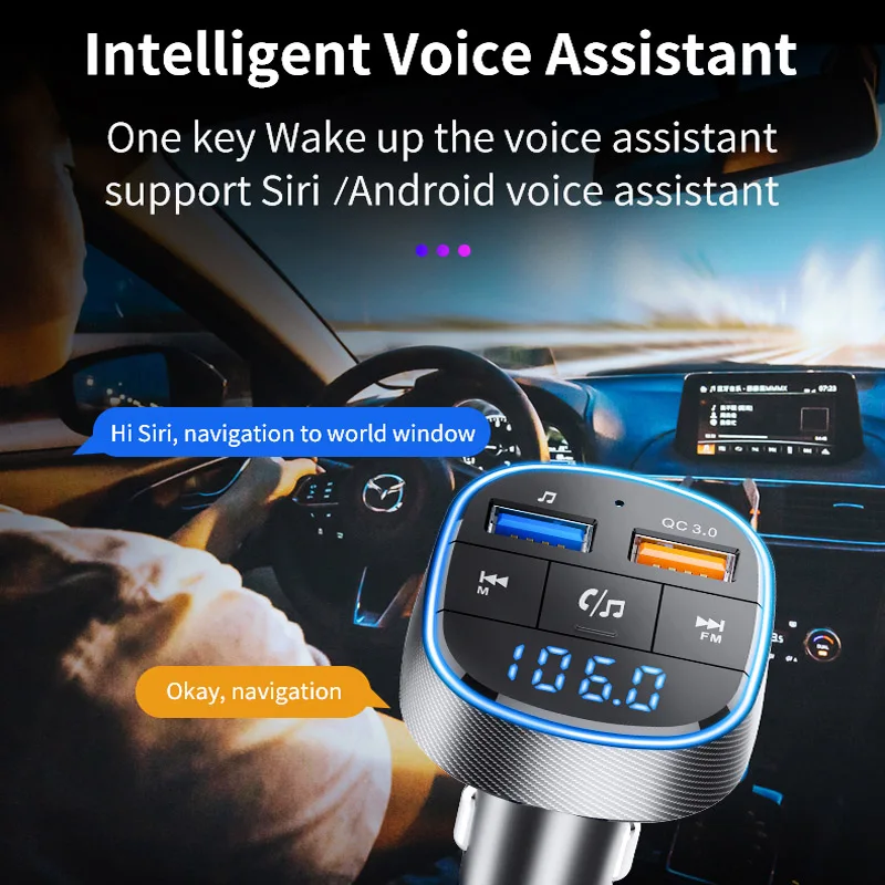Voice Assistant QC3.0 Fast Charging 2 USB Handsfree Wireless Mp3 Player USB Charger FM Transmitter Car Charger