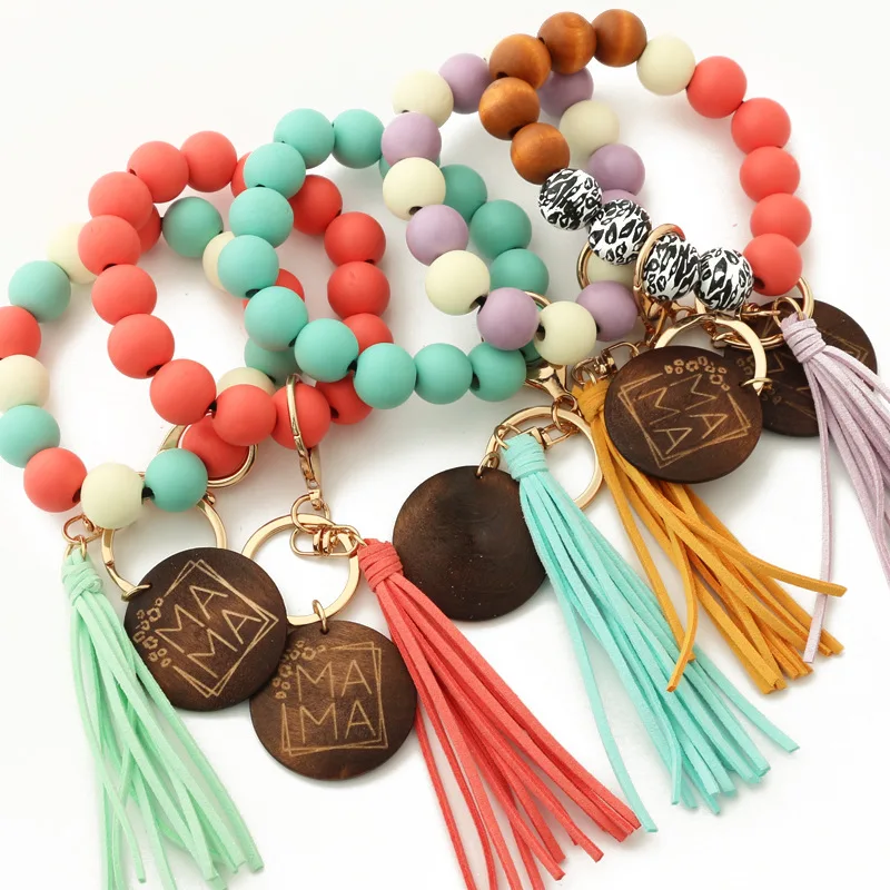 Silicon Beads Monogram Wood Blank Wooden Disc Bracelet Tassel Keychain Wristlet Gift for Her Key Ring