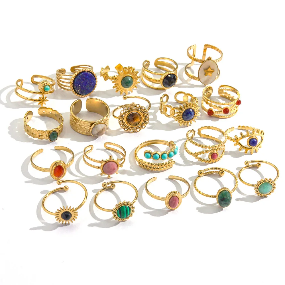 French Vintage Colorful Natural Stone Inlaid Light Luxury Fashion High Grade Stainless Steel Gold Open Ring