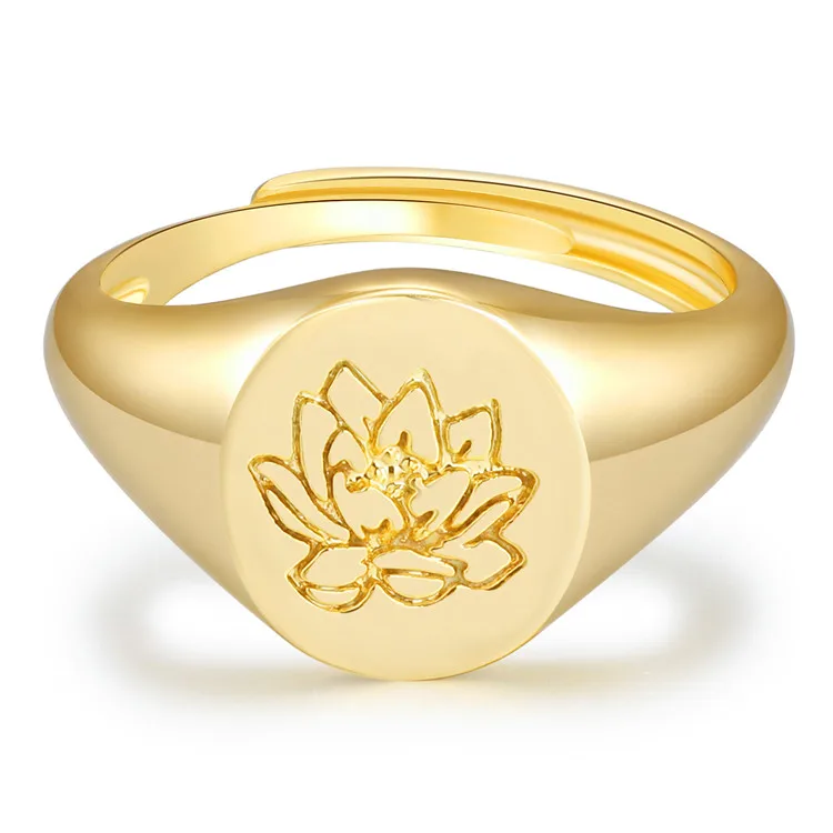 
Fashion Adjustable Tree Signet Lotus Flower Ring Engraved Copper Rose Flower Rings for Women 