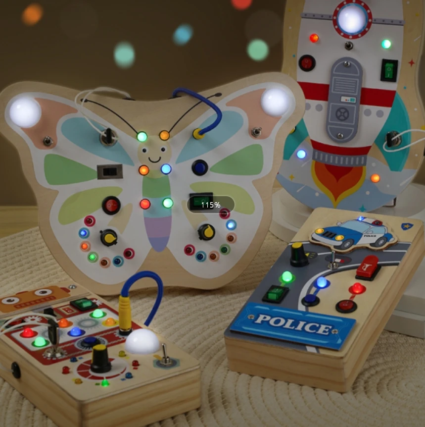 wholesale educational toy factory direct selling Montessori Wooden Busy Board with LED Light switches Sensory Toys OEM ODM