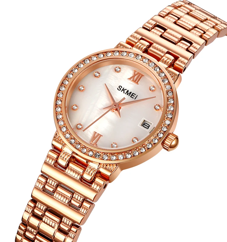 SKMEI Q030  Newly Designed Women Stainless Steel Band Wristwatches Luxury Diamond Dial Quartz Watches For Ladies