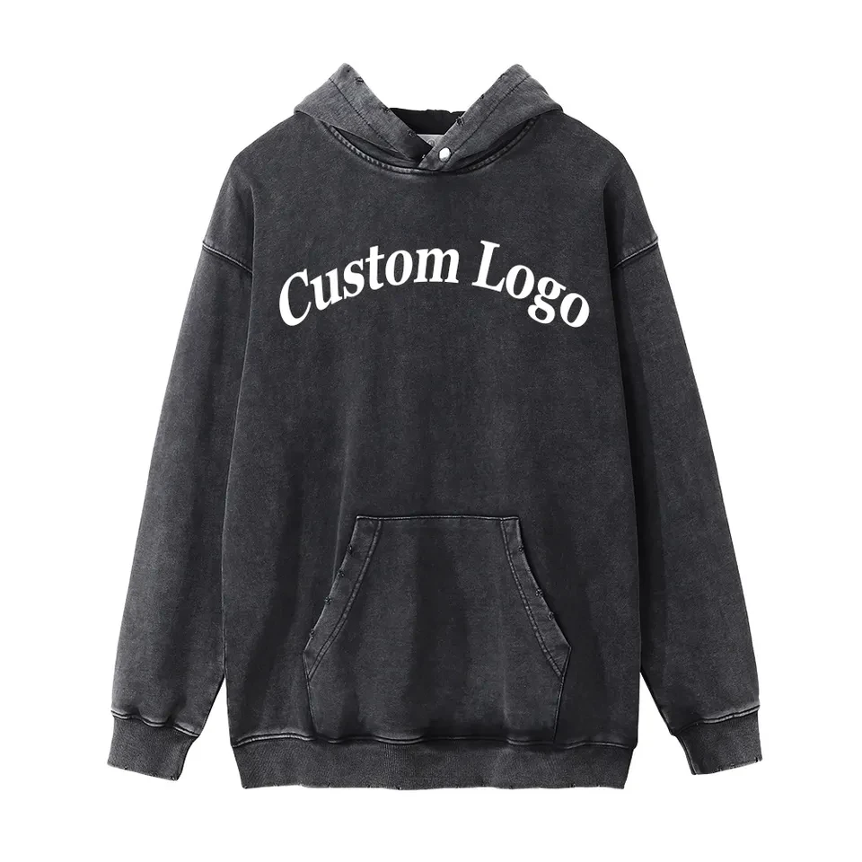 Custom Streetwear Black Printed Men Hoodie Distressed Vintage wash Heavyweight Oversized Acid Washed Unisex hoodies