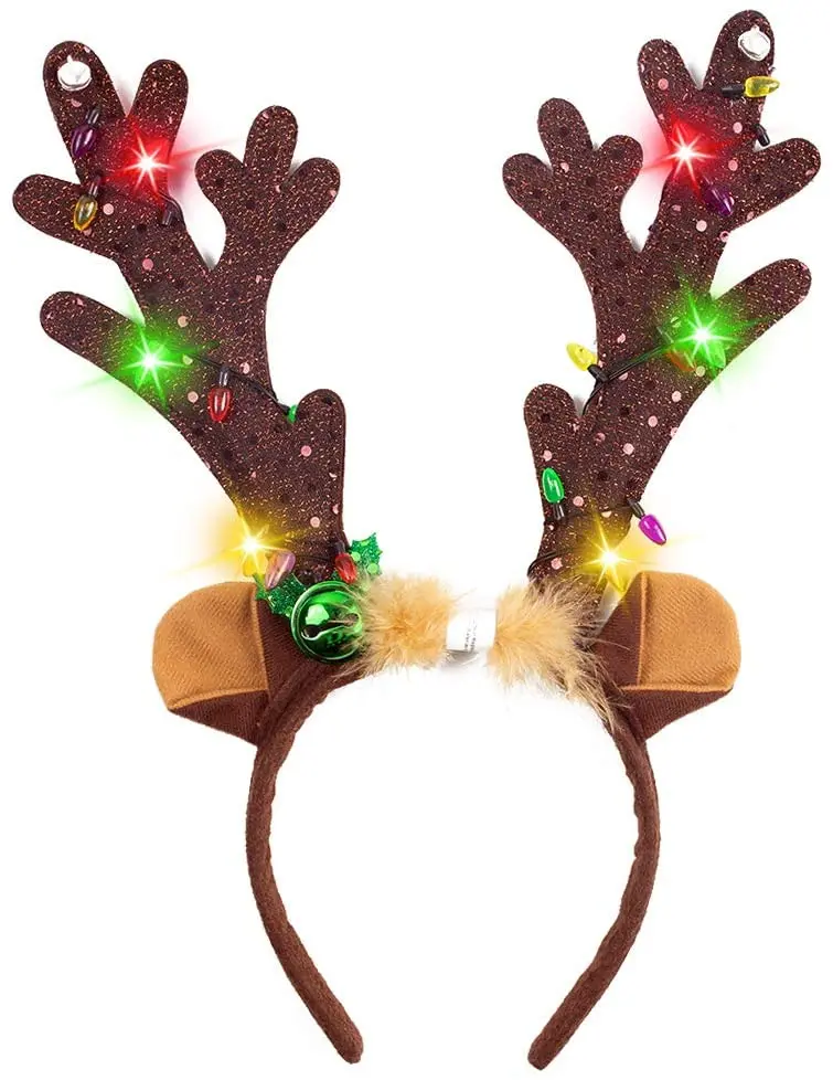 Reindeer  Ears Antler Headband LED Deer Hairband with Bells Light Up Headbands Christmas Head Bands