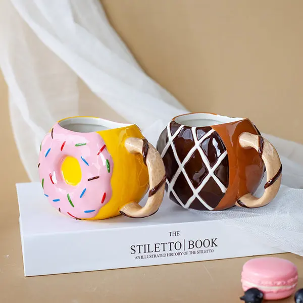 Wholesale creative hand painted personalized milk coffee cup colored donut shaped ceramic mug for gift