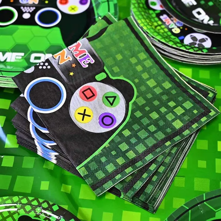 Hot sale decoration green video game party birthday party supplies disposable paper tableware set