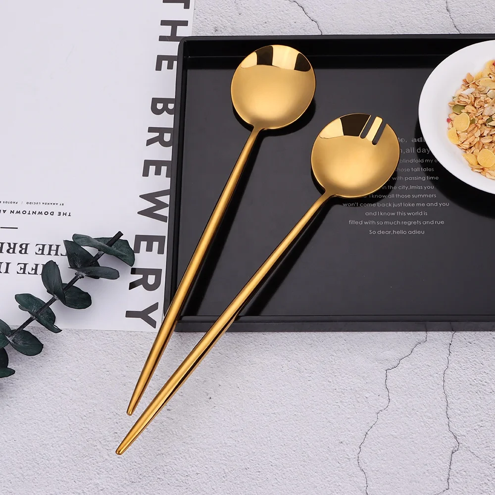 luxury glossy gold long handle salad serving spoon and fork 18-10 stainless stainless durable salad mixing utensil cutlery set