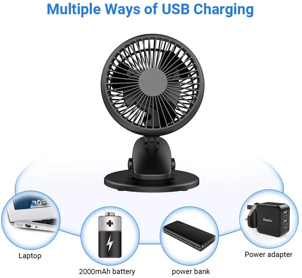 Baby Stroller Cordless Cooling Fan USB Rechargeable Portable Mini Desk Clip Fan Carriage Clamp Fan for Crib Camping Outdoor