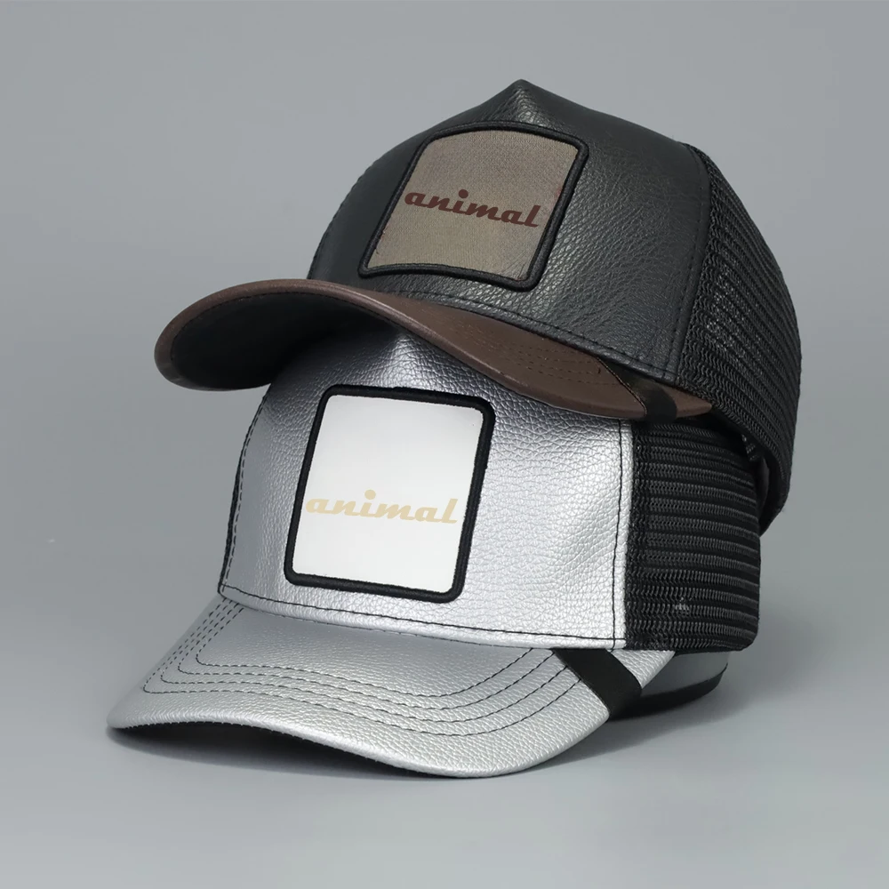 Low Moq Animal Headwear gorra Trucker hat Custom 5 Panel Leather pu embroidered patch Mesh baseball cap