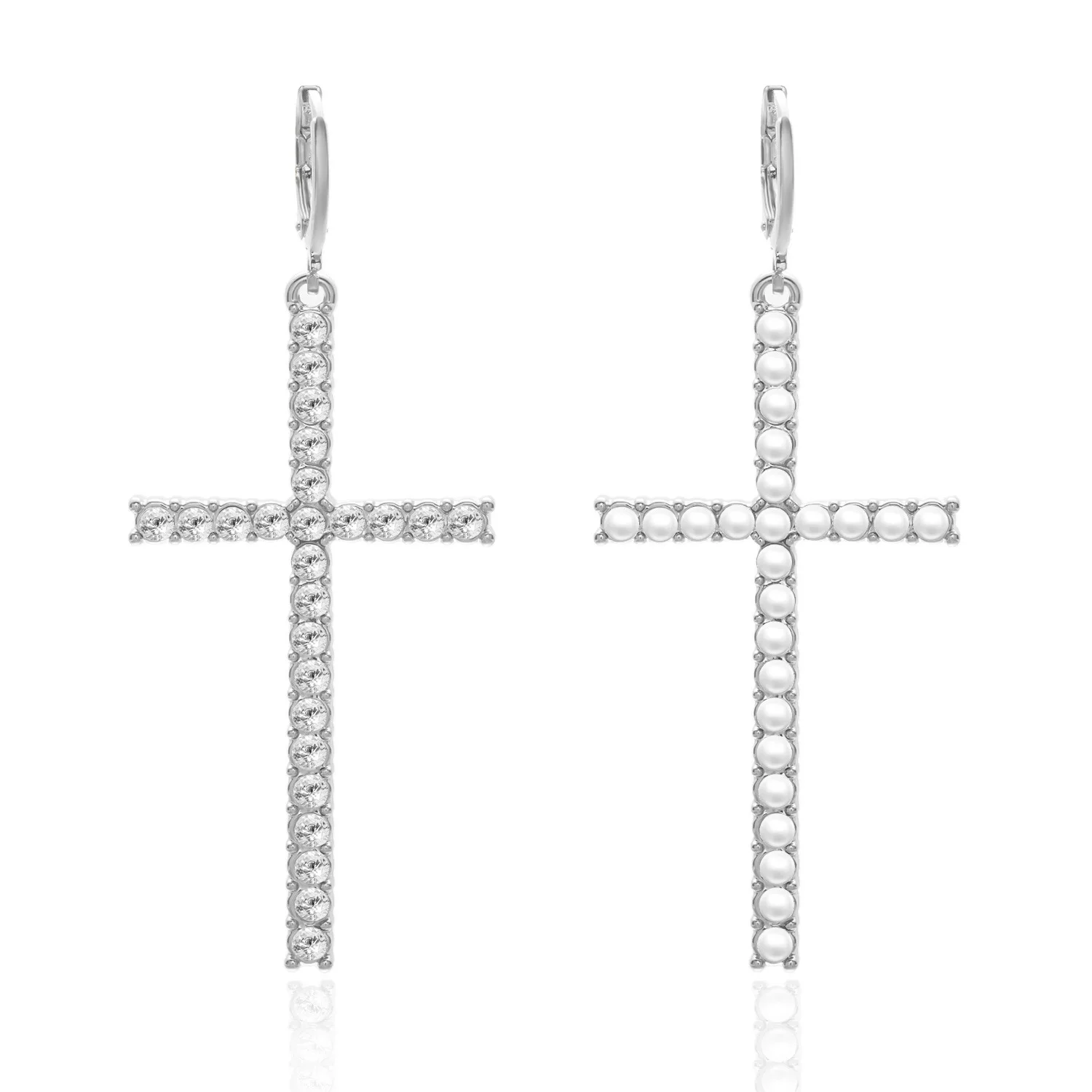 High-End Gold Plated Cross Pearl and Rhinestone Asymmetric Drop Earrings Personalized Fashion Jewelry Made of  Alloy