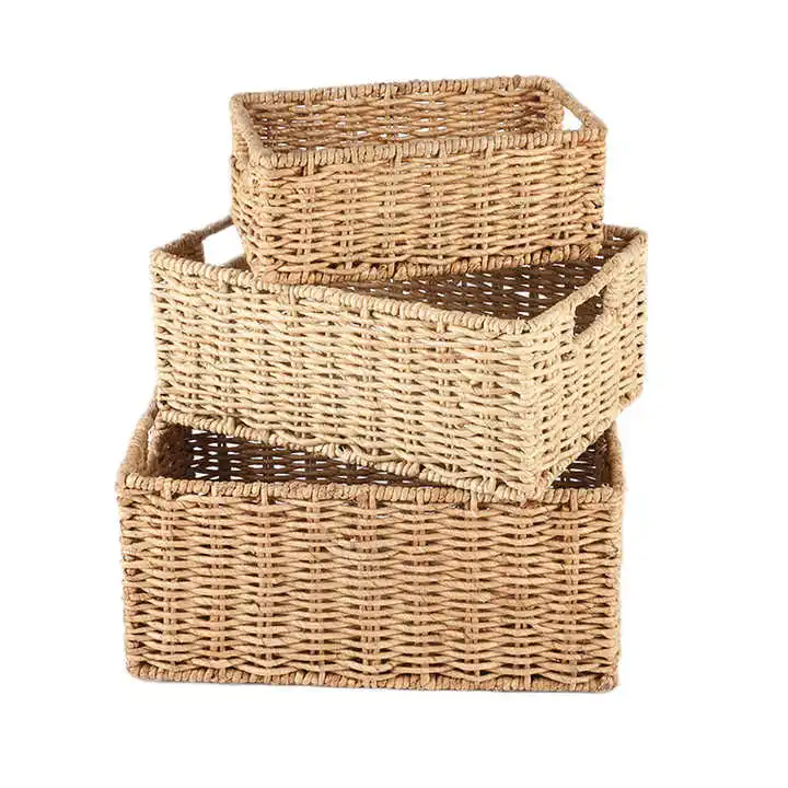Rectangle storage basket set of 3 recycled paper rope basket hand woven basket for home organization