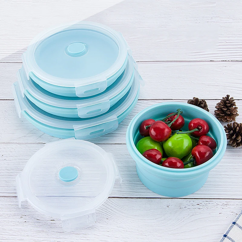 4pcs/set Foldable boxes of circular silicone plastic lunch boxes  Microwave Refrigerator Plastic Lunch Box