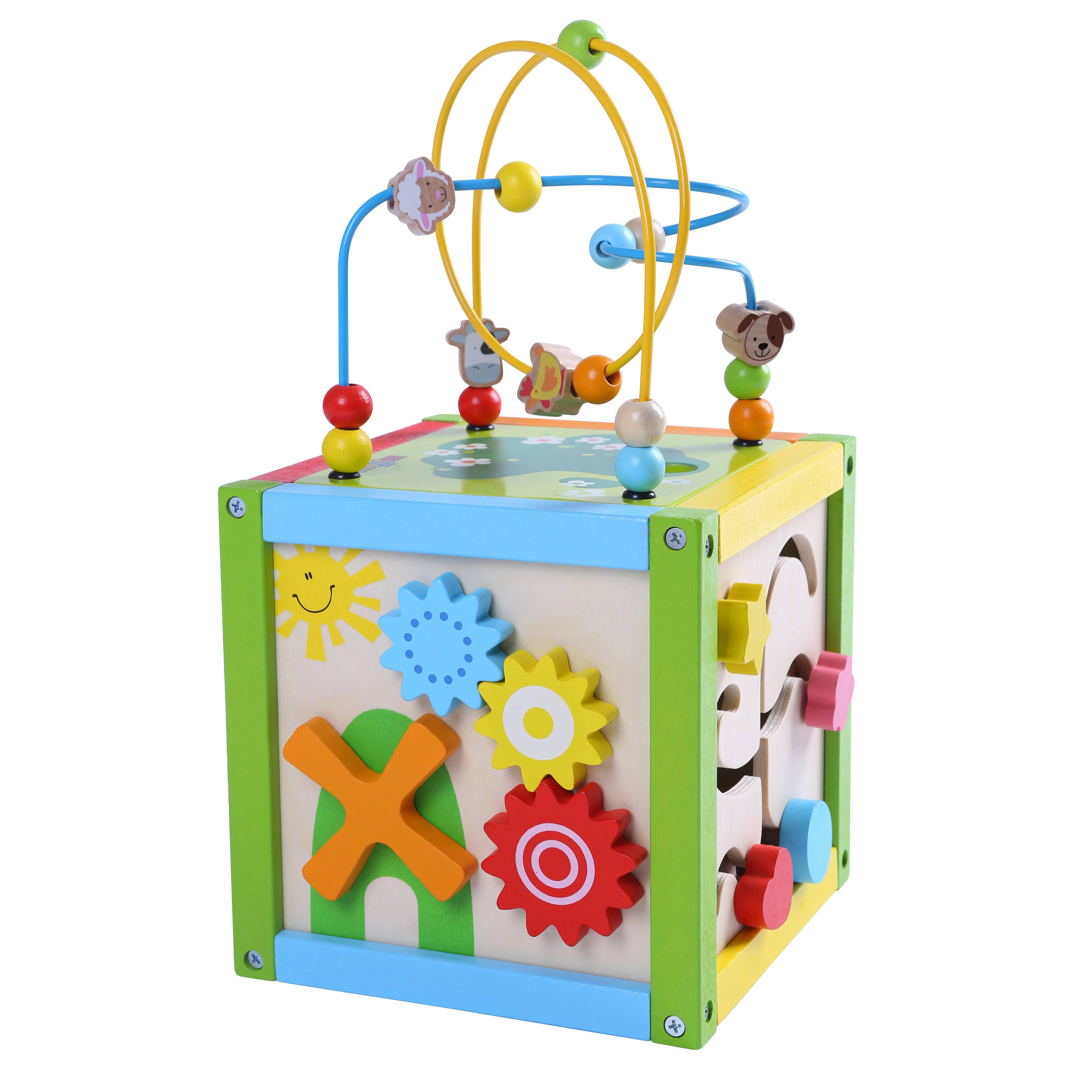 Montessori Multifunctional  Educational Toys Wooden Farm Bead Coaster Maze Activity Cube