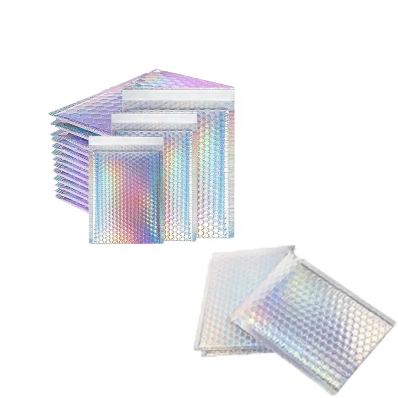 Custom Courier Shipping Padded Envelope Mailing Bags Rainbow Shiny Holographic Metallic Bubble Mailer