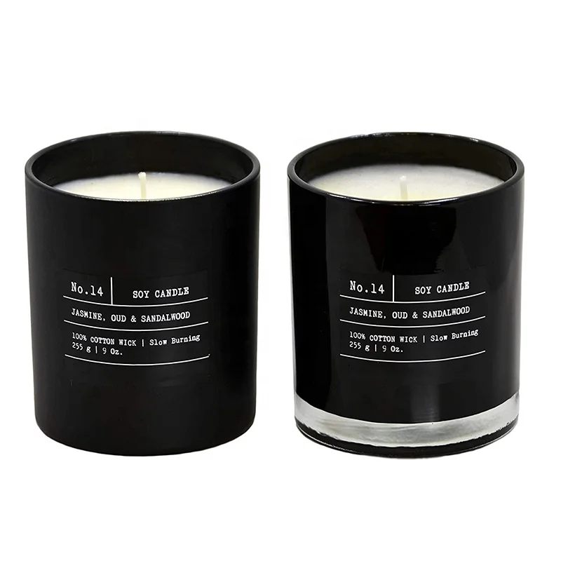 11oz 15oz empty glass custom glossy black candle jars luxury with lids and boxes for home decoration