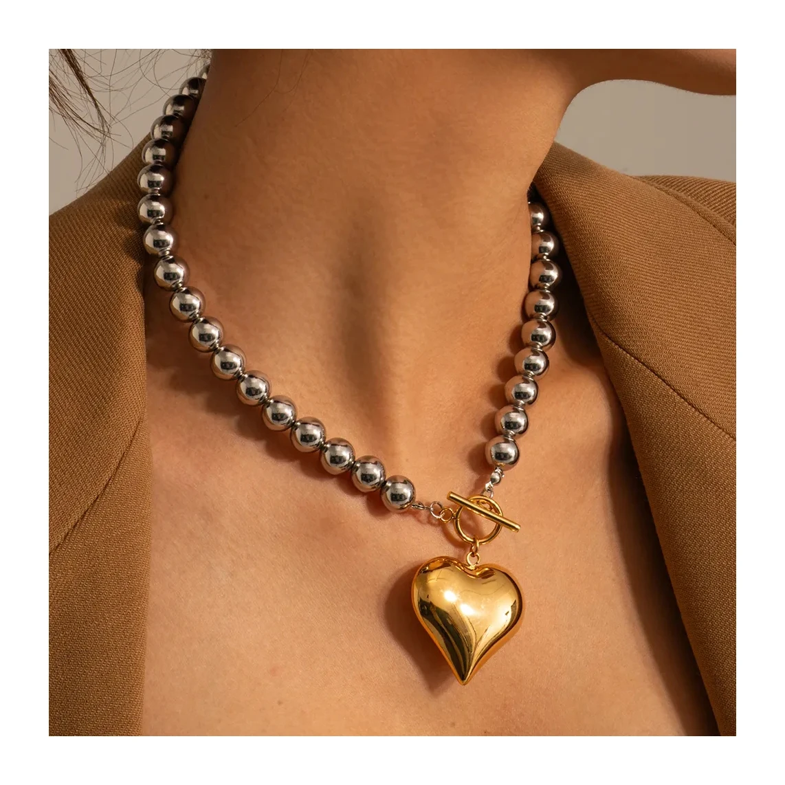 ERESI PVD Gold Plated Stainless Steel Chunky Heart Shape Pendant Necklace Beaded Chain Necklace Chain Fashion Jewelry for Women