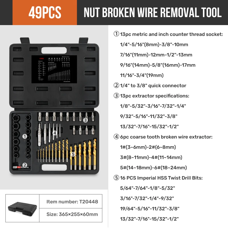 49pc Broken Screw Extractor Tool Set for Damaged Removal. 1# - 6# Bit Removers, Bolt Sockets and HSS Drill Bits. OEM ODM Ready