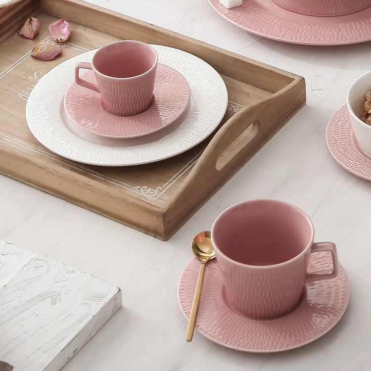 Modern nordic embossed design porcelain cup and saucer 100cc small ceramic cup set pink coffee espresso tea cups & saucers