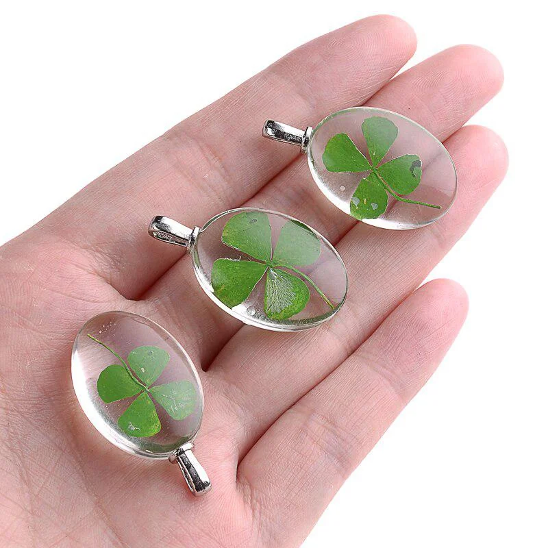 Handmade Pressed Natural Four Leaf Clover Dried Flower Grass Oval Pendant DIY Earrings Necklace Jewelry Making Findings