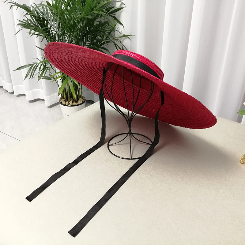 European and American style Hand-woven flat-top Wheat straw hat large brim fashionable shallow beach hat