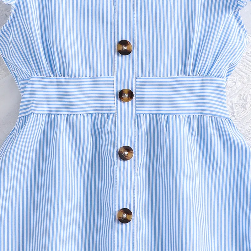 2024 Summer Casual Teenage Girl Clothes Ruffle Fly Sleeve V Neck Striped Print Casual Dress Holiday Dresses For Children