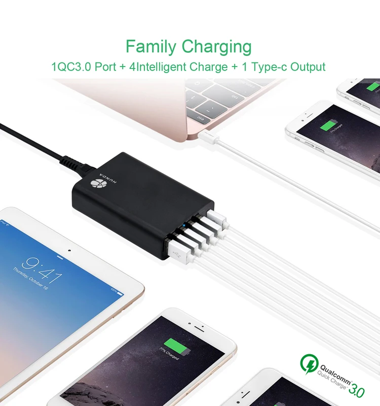 2020 unique 6-port usb charger desktop charging station 60w QC3.0 multi function micro usb tablet wall charger with led light
