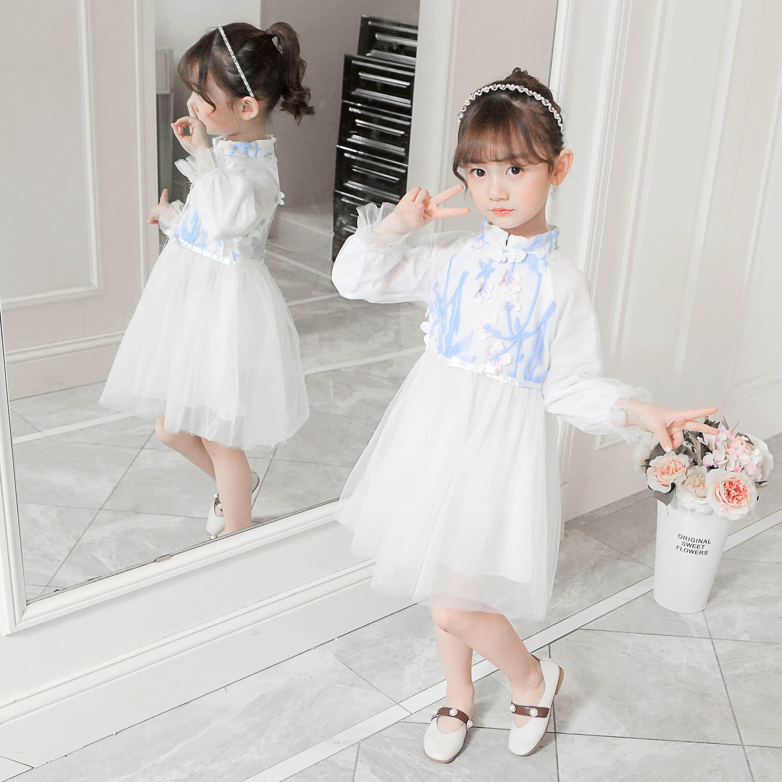 wholesale price Chinese style long sleeve pink flower girl vintage dresses