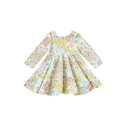 Girlymax 2023 Spring colorful  Floral Long Sleeve and Knee Length Baby Girls dresses