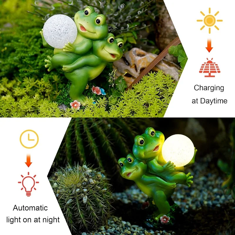 Resin Animal Sculptures Frog Garden Decor Solar Powered Decorations Two Frogs with Solar Lamps Lawn Ornament