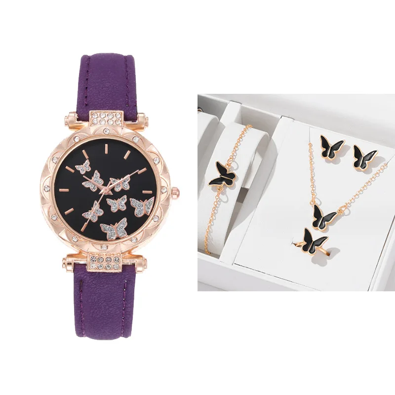 Women Watch Jewelry Luxury Gift Set Fashion 5Pcs/Set Ring Earring Bracelet Necklace Butterfly Set Watches Designer Ladies