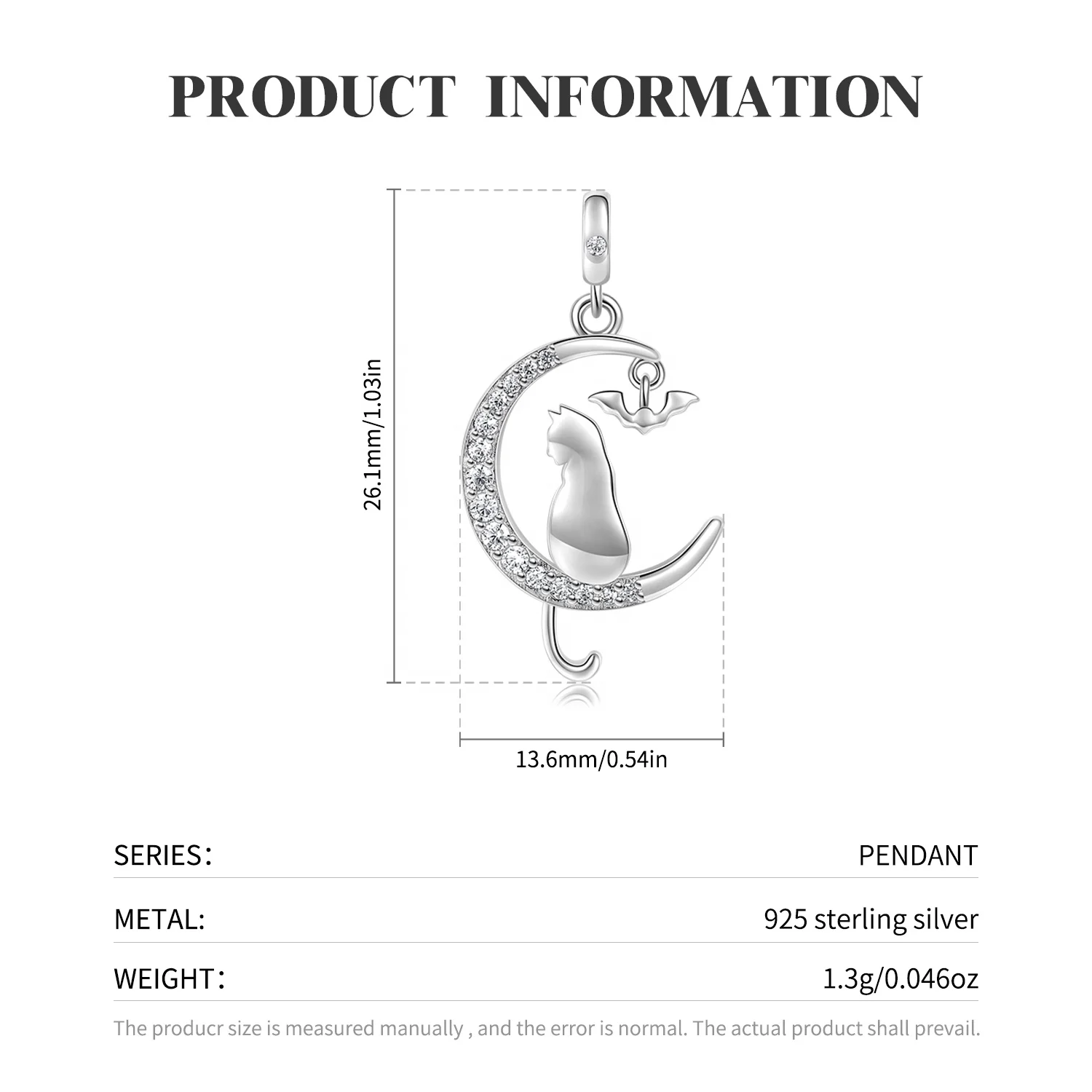Moon Cat and Bat Necklace Pendant with Clear Zirconia Authentic 925 Sterling Silver for Amazon Women Necklace Jewelry Wholesale