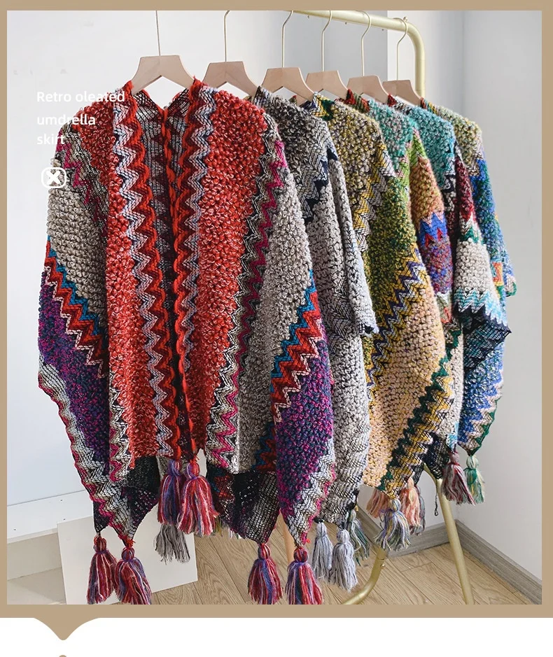 2022 Newest Winter Ethnic Wind Scarf High Quality Wool Cashmere Poncho Shawls Knitted Cover-up With Tassels Thick Cape Blanket