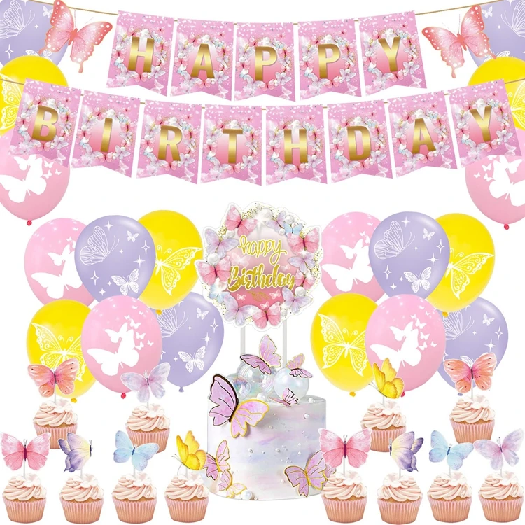 Butterfly Birthday Party Decorations for Girls Include Butterfly Happy Birthday Banner Latex Butterfly Balloons Cake Top A3105