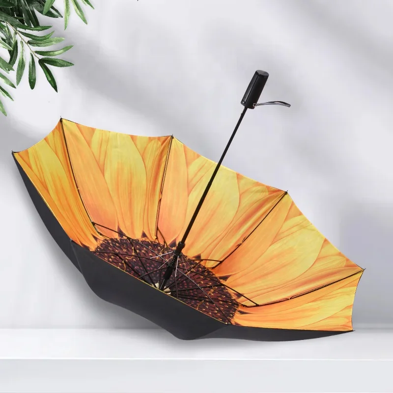Цифровая печать подсолнухов 23 дюйма двухслойный двойной складной полуавтоматический 2 складной зонт