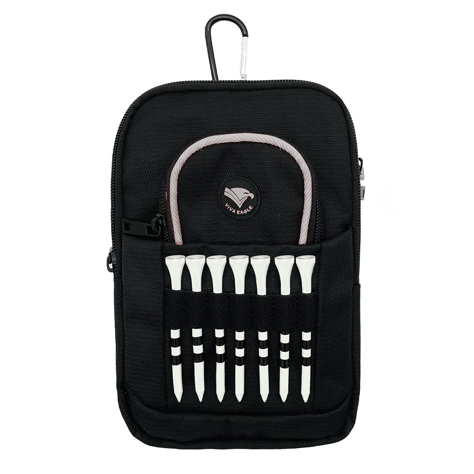 Golf Ball Bag Pouch with Front Tee Holder with Detachable Clip, Zipper Pockets for Valuables and Accessories