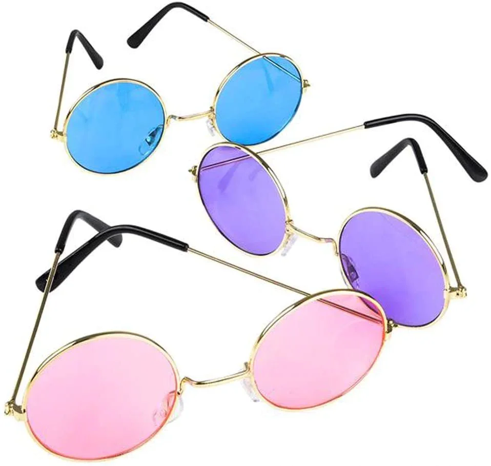 Round Colored Glasses Hippy Style Circle Shades with Gold Frame Vintage Glasses for 60s Hippie Costume Disco Party for Children