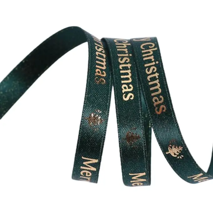 Custom logo Gold Foil Printing Satin Xmas Foil Gold Printed Ribbon For Packing