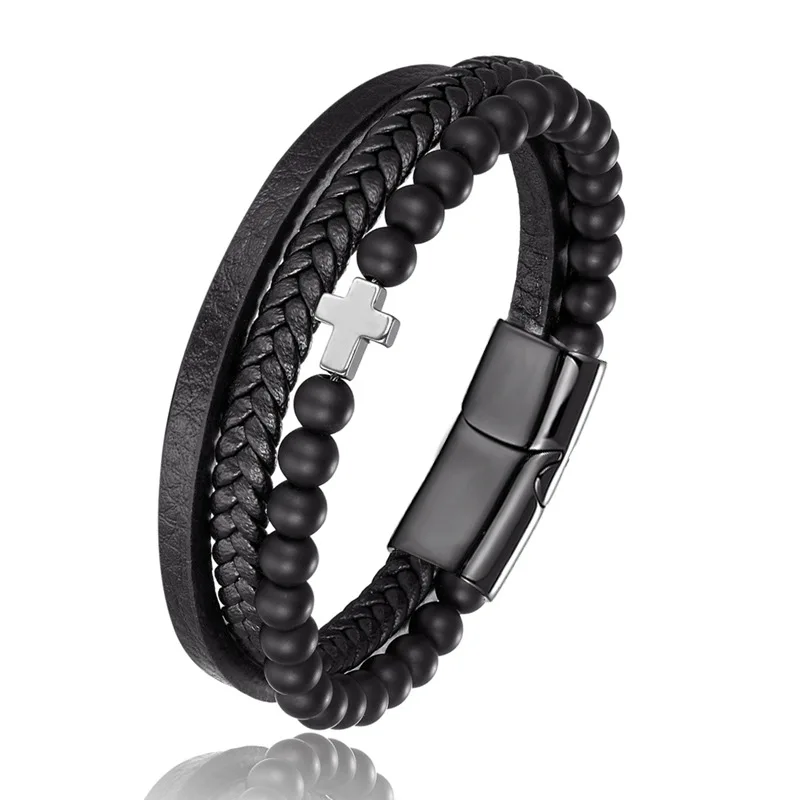 Newest Trendy Religious Cross Charm Leather Cuff Bracelet Men Stainless Steel Clasp Multilayer Natural Stone Leather Bracelet