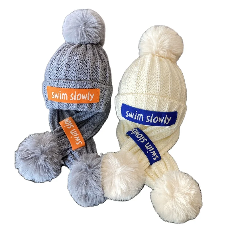 Babies Hats&Scarves Set Winter Wear Knitted Hat Scarf with Pom Pom Kids Ear Protection Neck Scarf Skate Ski Wearing