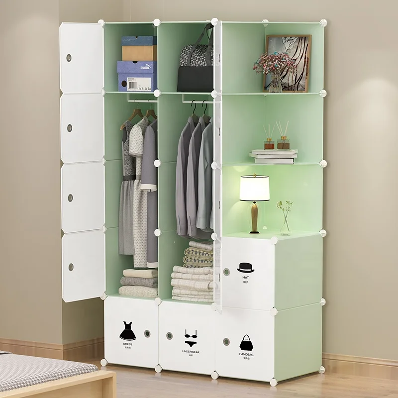 12 cubes plastic style wardrobe with clothes hanging ,dustproof and portable wardrobe with white door