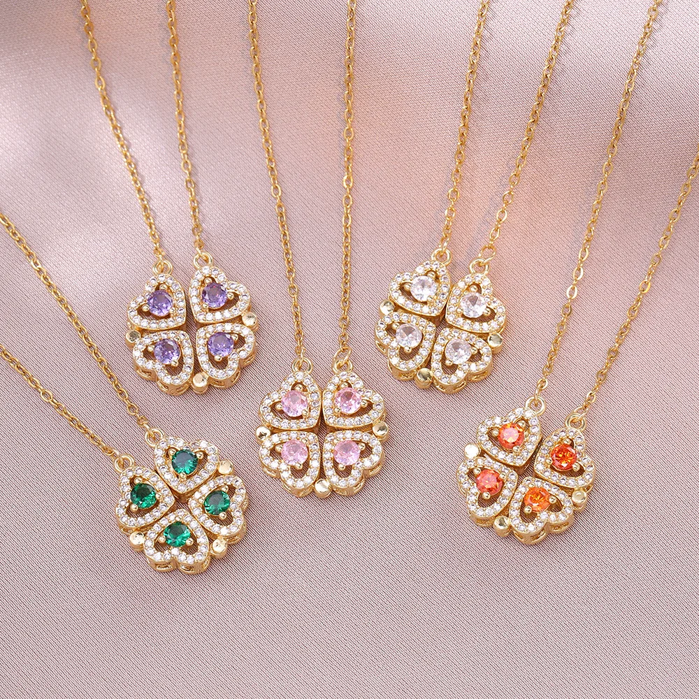 Exquisite Stainless Steel Four Leaf Clover Necklace Women Girl Zircon Gold Chain Magnet Love Heart Pendant Choker Jewelry Gift