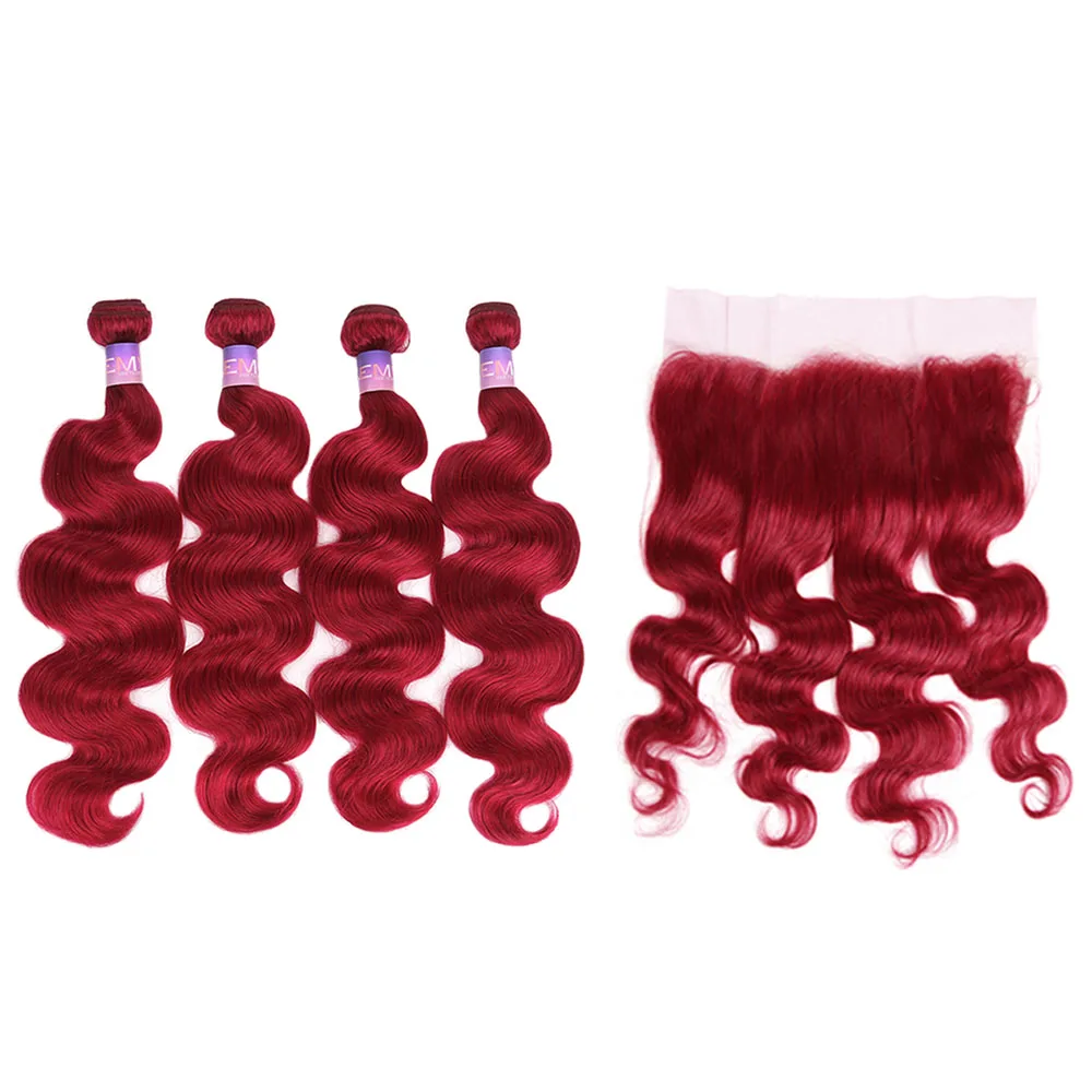 KEMY 99J/Burgundy Body Wave Hair Bundles With Frontal Lace 13x4 Closure Brazilian Red Color Human Hair Extensions For Women